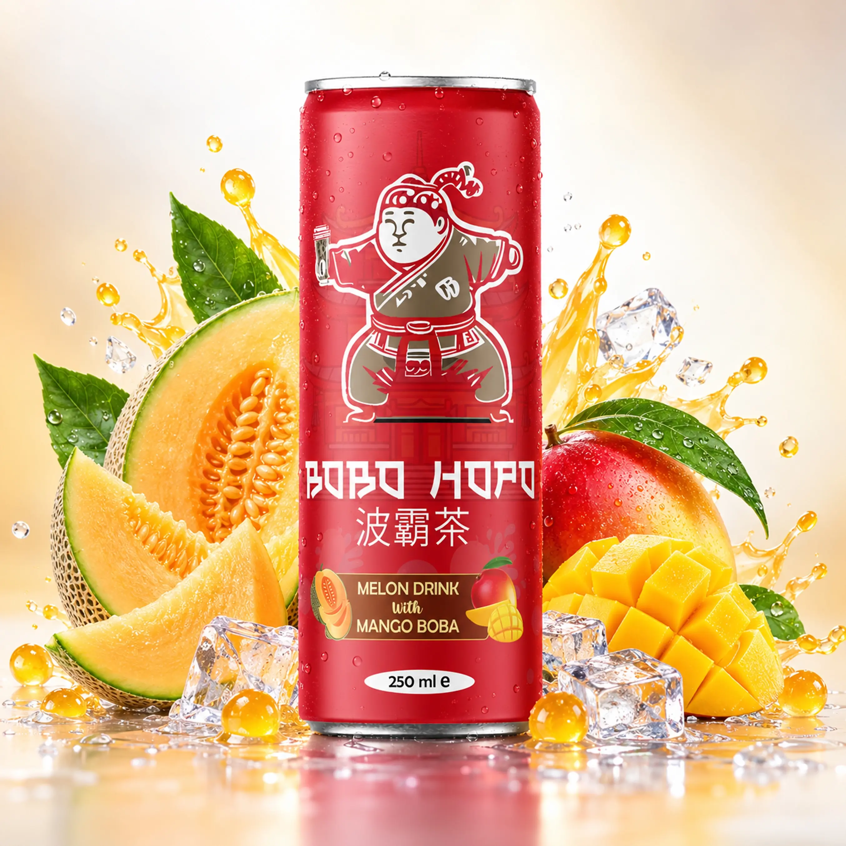 Bobo Hopo 250 ml melon drink with mango boba, fresh melon, mango, ice cubes and juice splash.